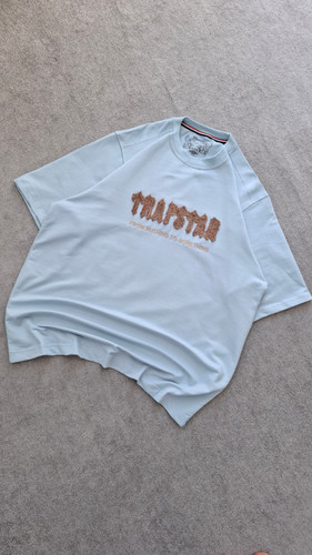 تیشرت آبی آسمونی پارچه دورس 2 نخ قواره باکسی مدل trapstar کد TSH0027