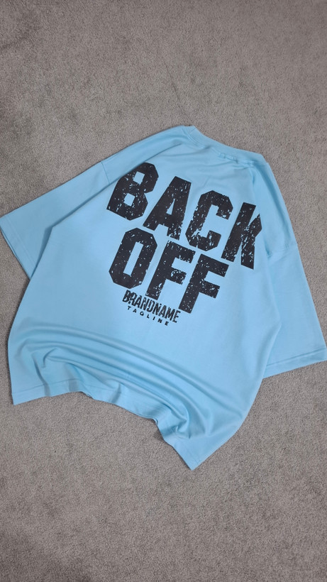 تیشرت آبی آسمونی پارچه دورس 2 نخ قواره باکسی مدل BACK OFF کد TSH0029